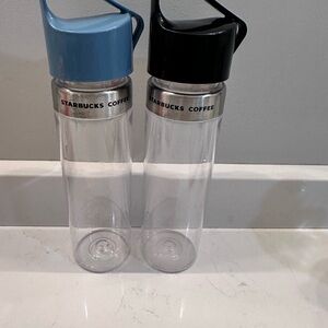 Starbucks Clear Bottles with Blue and Black loop handle screw on caps